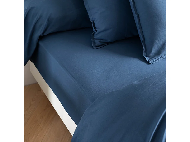 Drap housse coton lavé bonnet 30 cm - SOMEO Bleu marine 140x190 - CELESTE