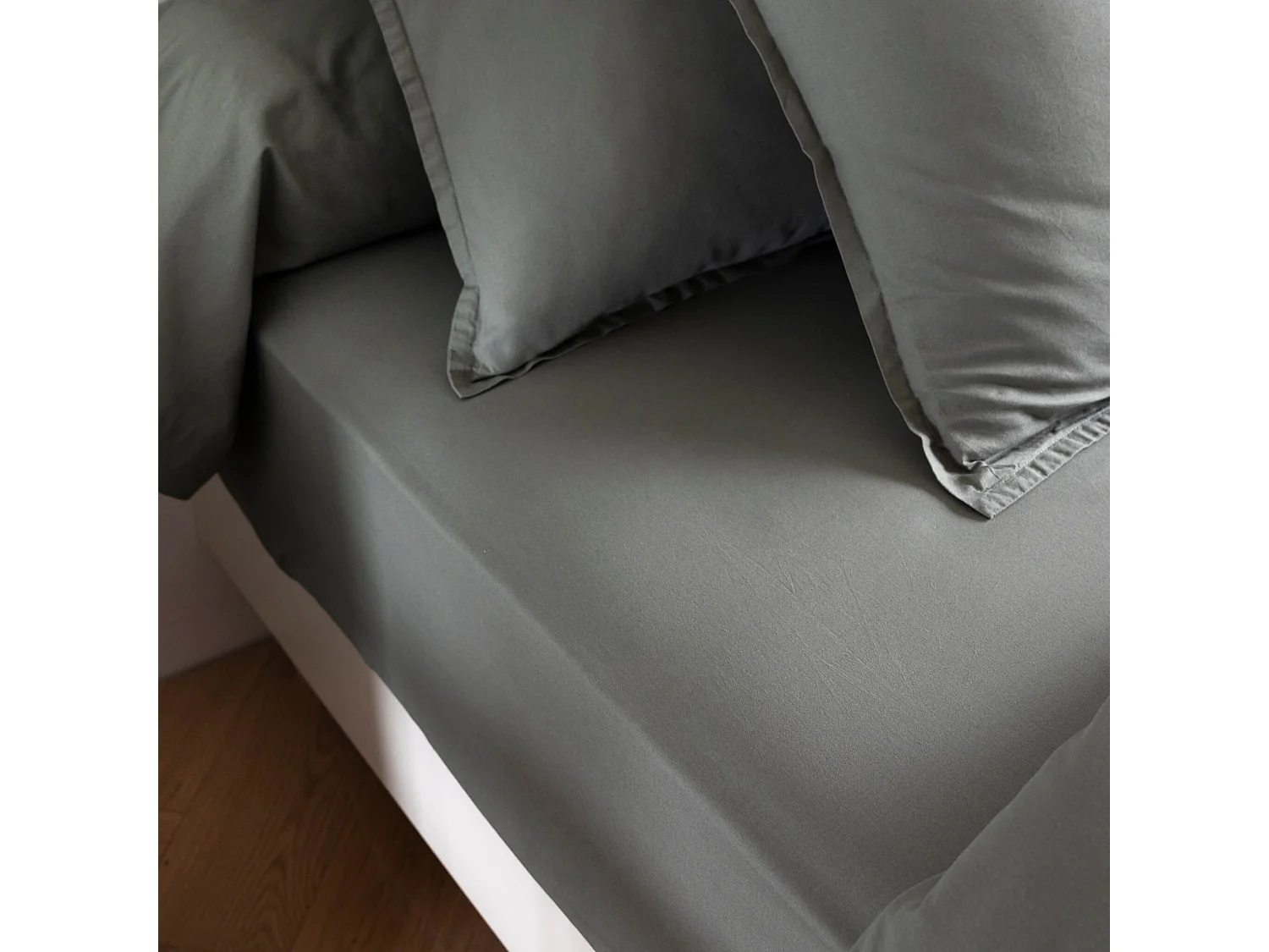 Drap housse coton lavé bonnet 40 cm - SOMEO Kaki 140x200 - CELESTE