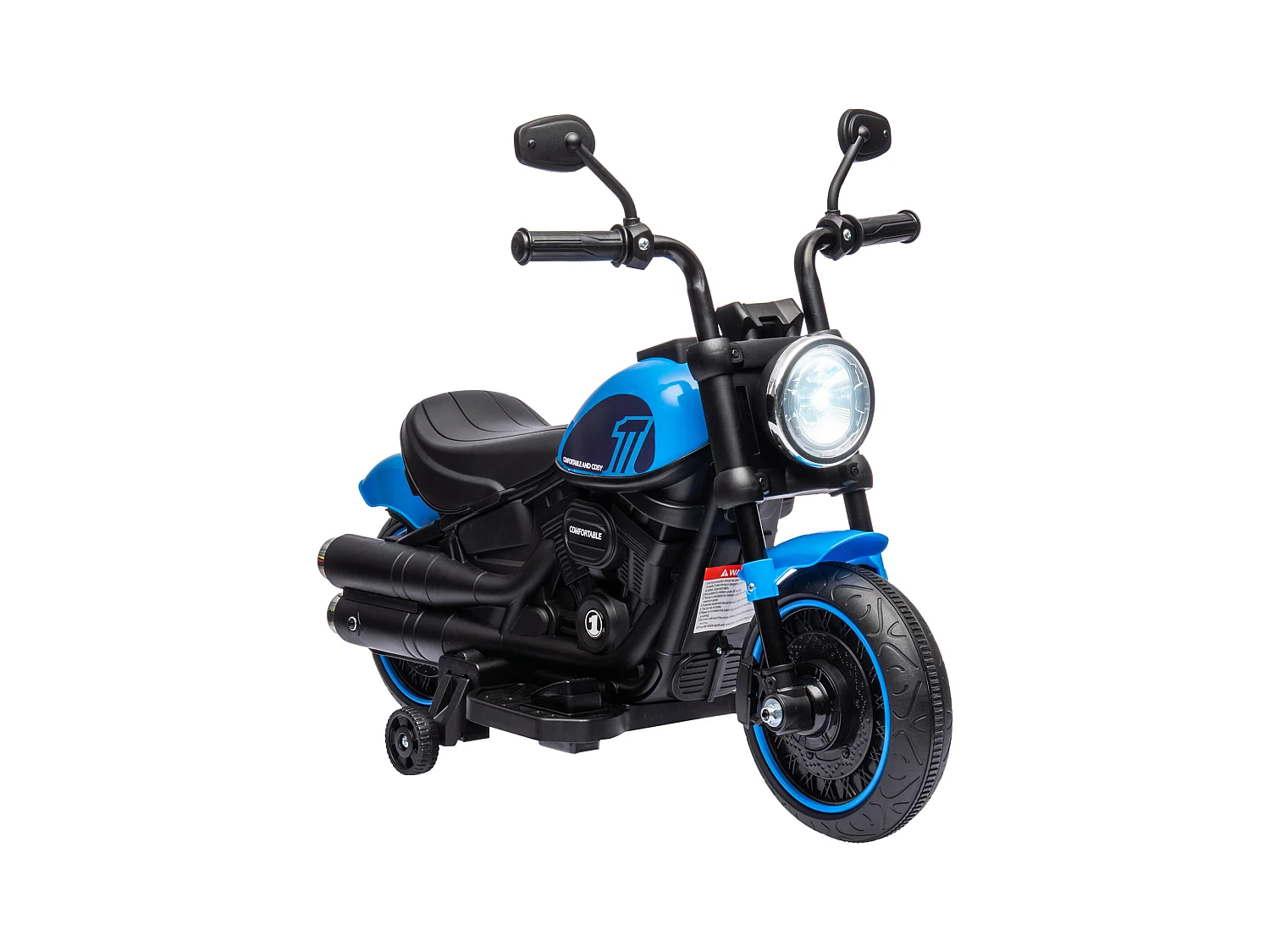 Moto électrique enfant 6 V 3 Km/h effet lumineux roulettes amovibles repose-pied pédale métal PP bleu noir