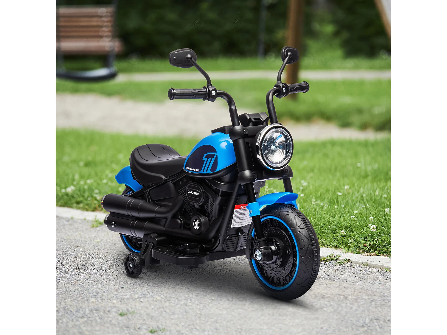 Moto électrique enfant 6 V 3 Km/h effet lumineux roulettes amovibles repose-pied pédale métal PP bleu noir