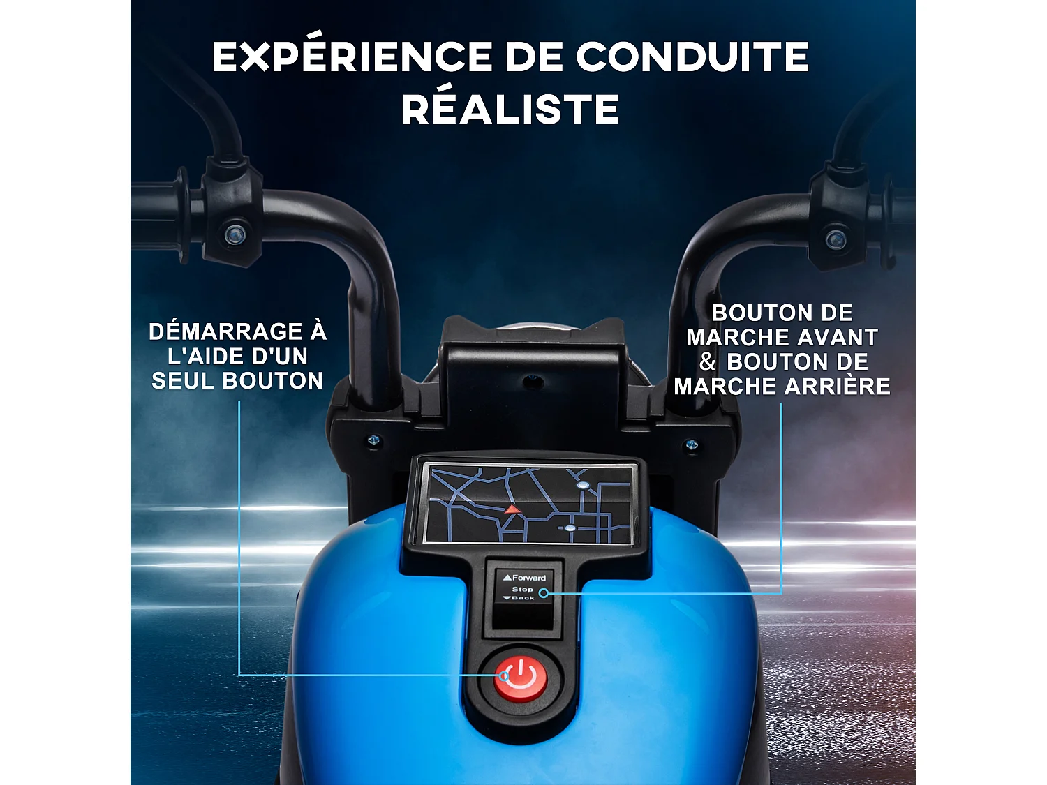 Moto électrique enfant 6 V 3 Km/h effet lumineux roulettes amovibles repose-pied pédale métal PP bleu noir