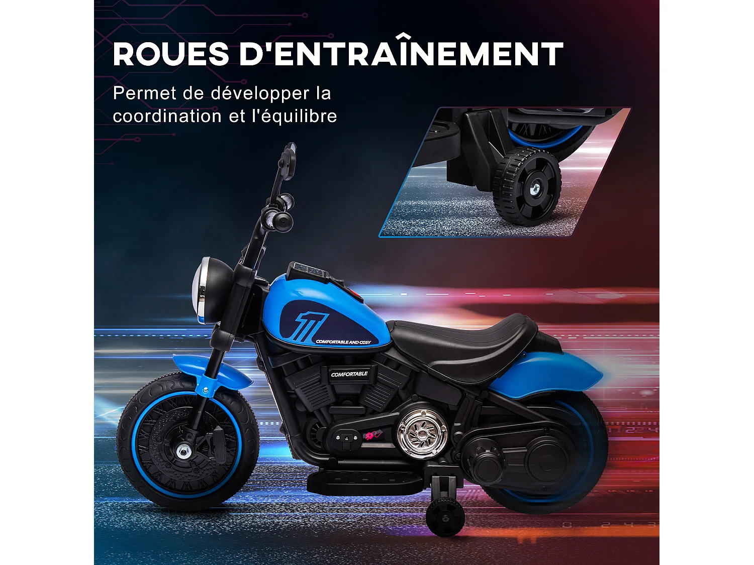 Moto électrique enfant 6 V 3 Km/h effet lumineux roulettes amovibles repose-pied pédale métal PP bleu noir