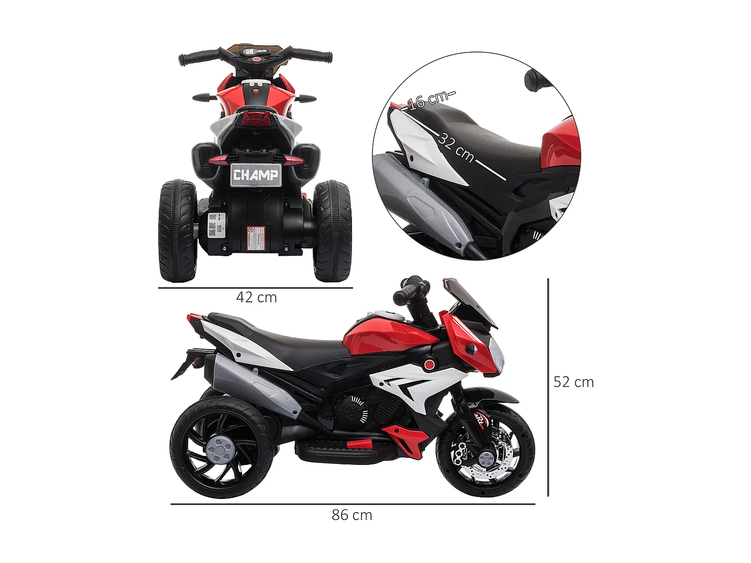 Moto électrique pour enfants 3 roues 6 V 3 Km/h effets lumineux et sonores rouge