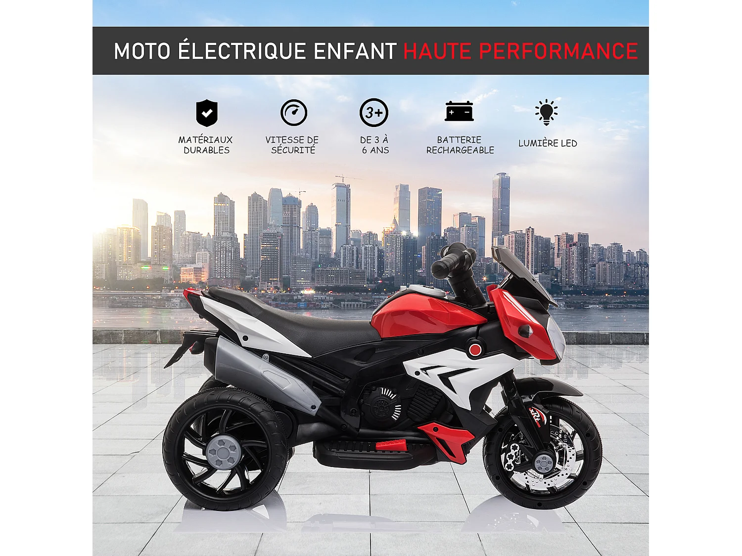 Moto électrique pour enfants 3 roues 6 V 3 Km/h effets lumineux et sonores rouge