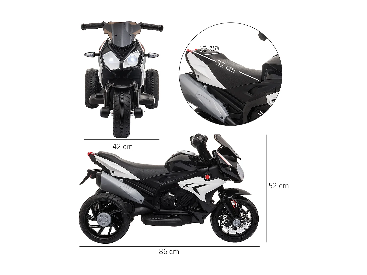 Moto électrique pour enfants 3 roues 6 V 3 Km/h effets lumineux et sonores noir