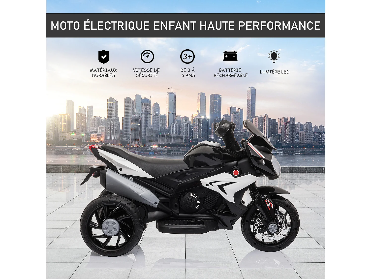 Moto électrique pour enfants 3 roues 6 V 3 Km/h effets lumineux et sonores noir