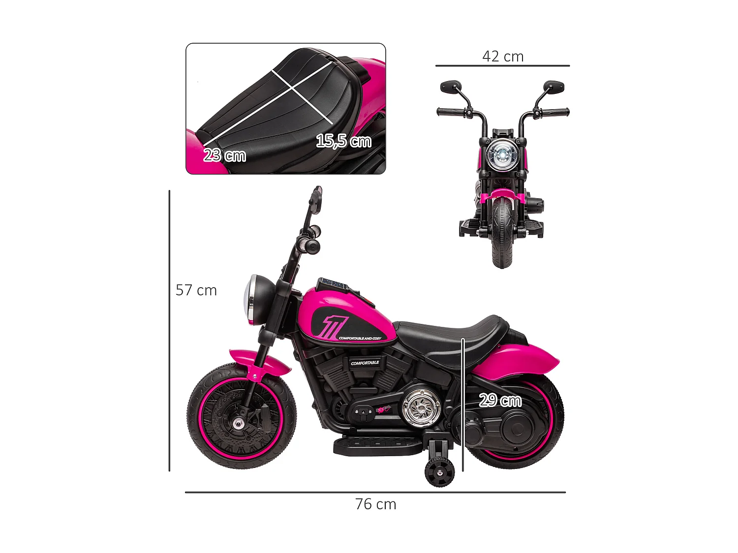 Moto électrique enfant 6 V 3 Km/h effet lumineux roulettes amovibles repose-pied pédale métal PP rose noir