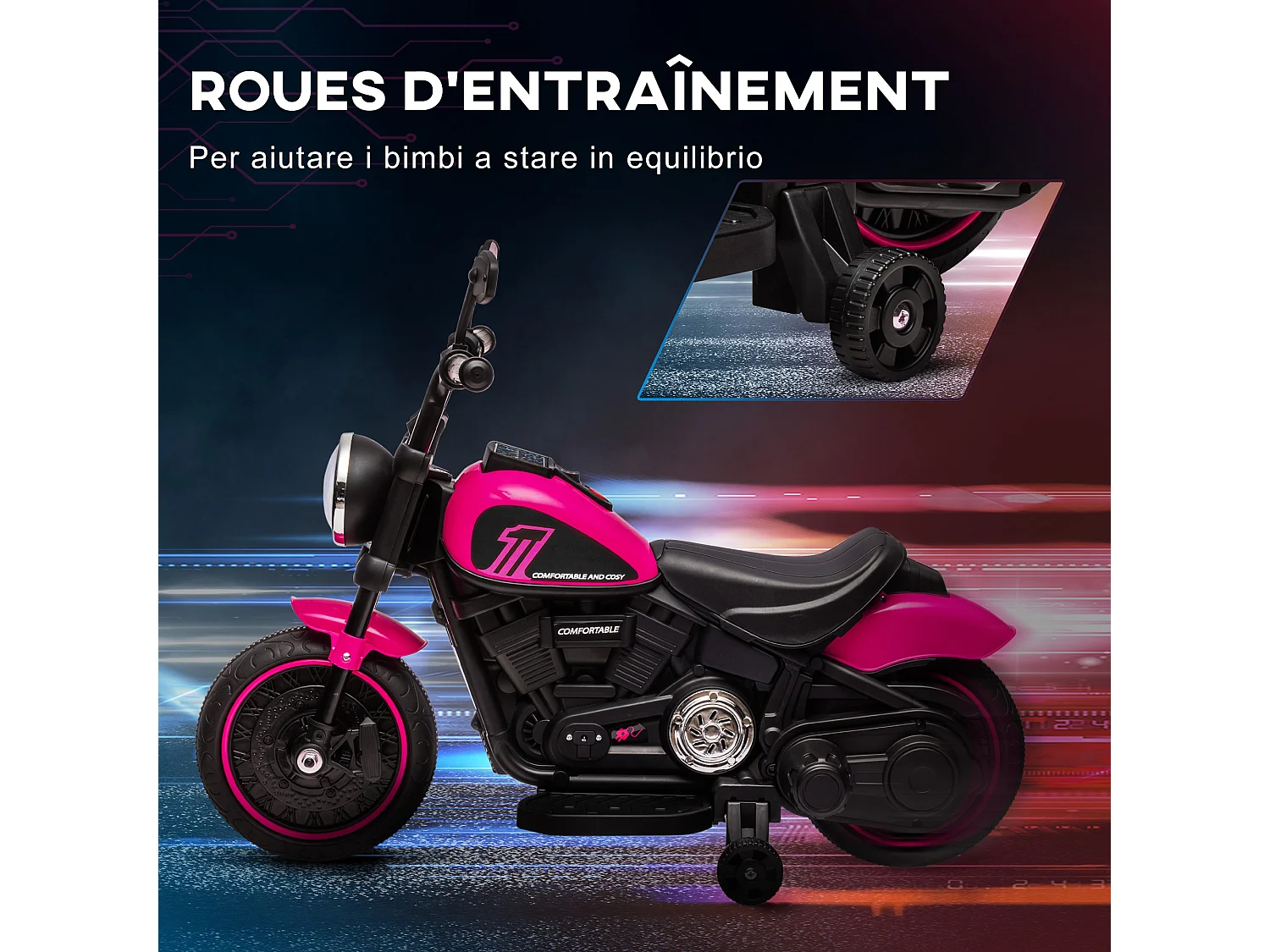 Moto électrique enfant 6 V 3 Km/h effet lumineux roulettes amovibles repose-pied pédale métal PP rose noir