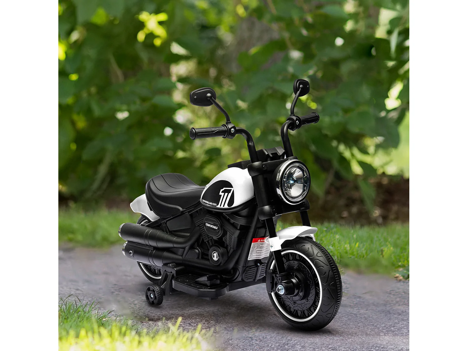 Moto électrique enfant 6 V 3 Km/h effet lumineux roulettes amovibles repose-pied pédale métal PP blanc noir