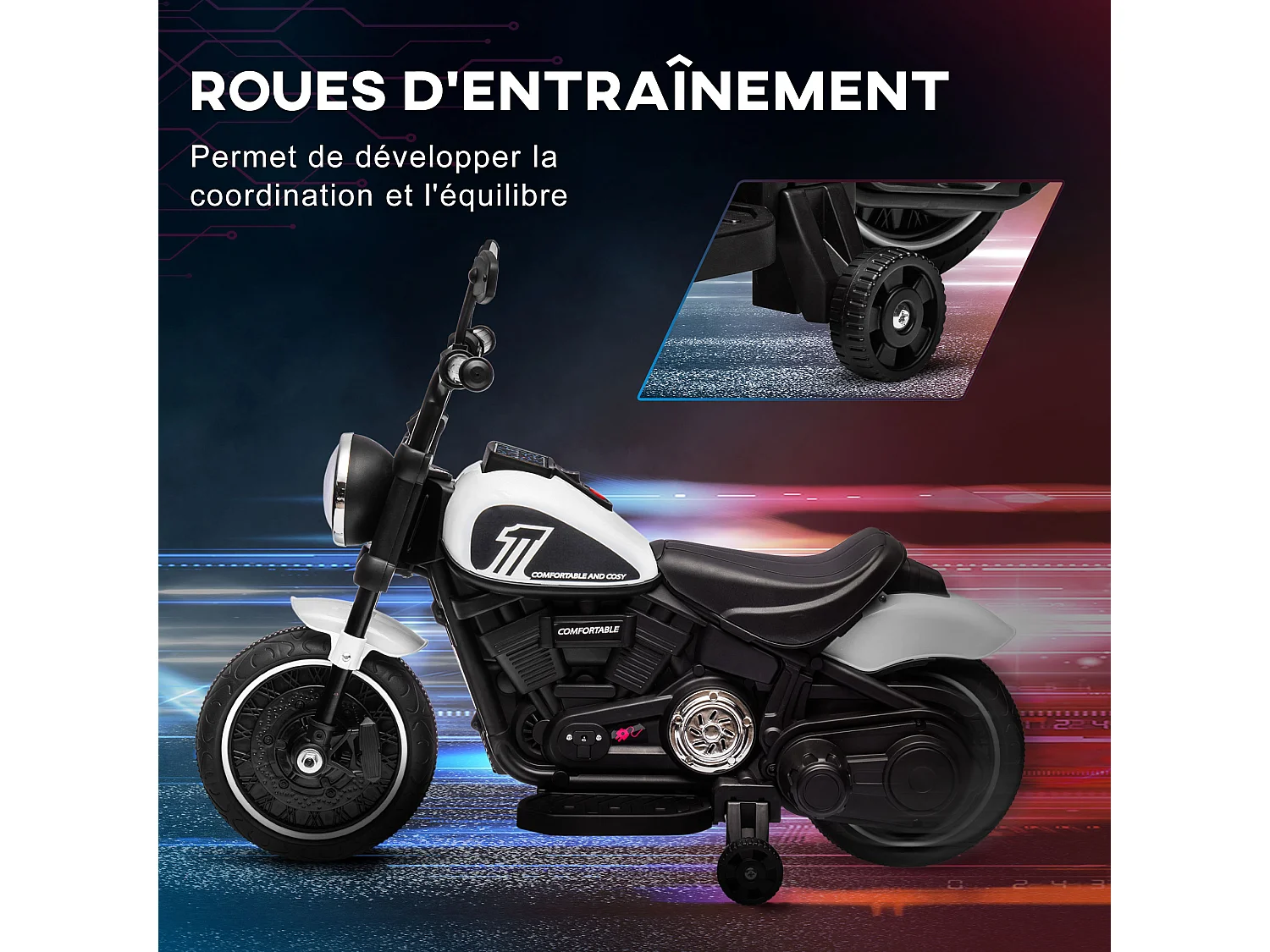 Moto électrique enfant 6 V 3 Km/h effet lumineux roulettes amovibles repose-pied pédale métal PP blanc noir