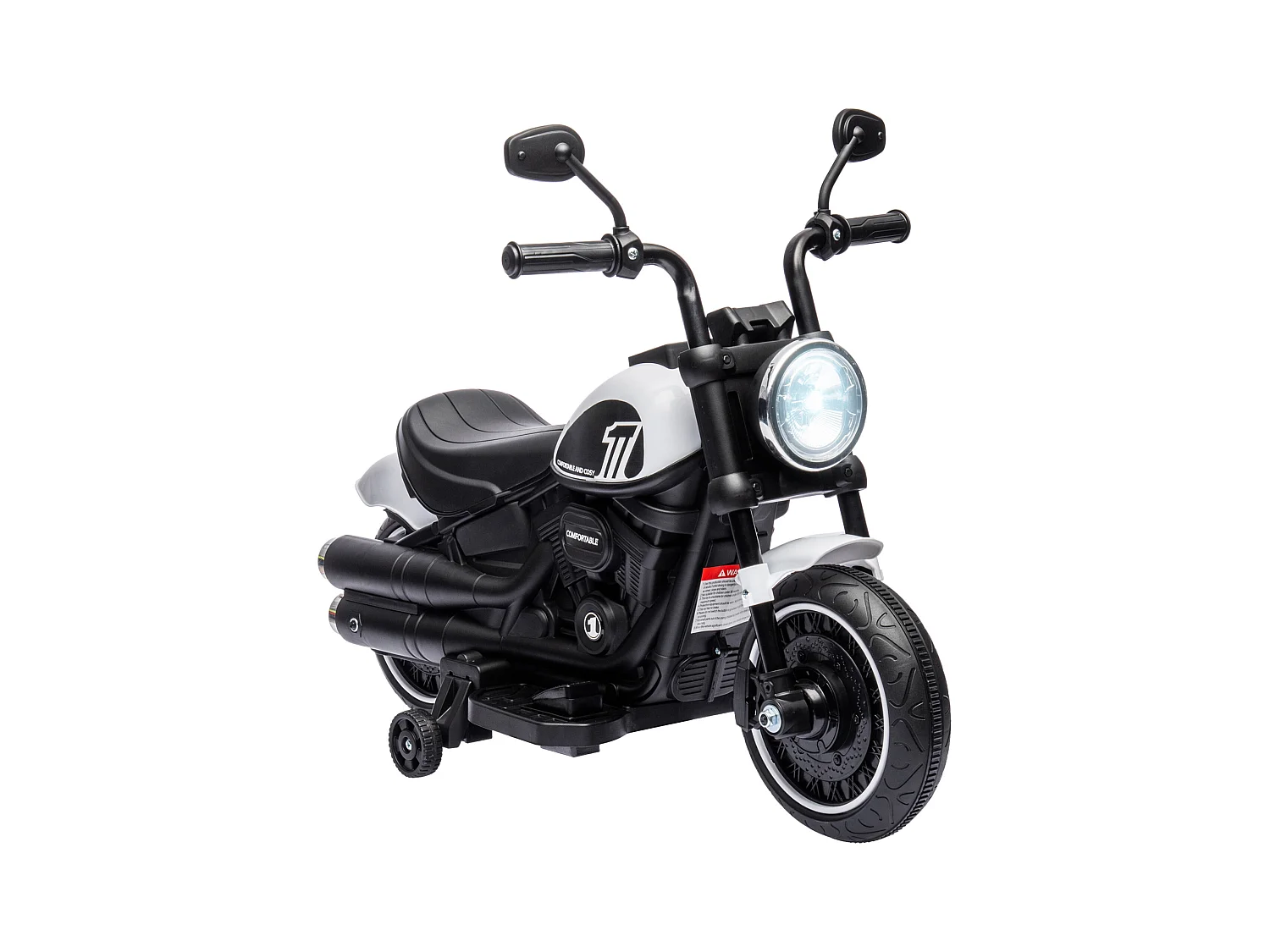 Moto électrique enfant 6 V 3 Km/h effet lumineux roulettes amovibles repose-pied pédale métal PP blanc noir