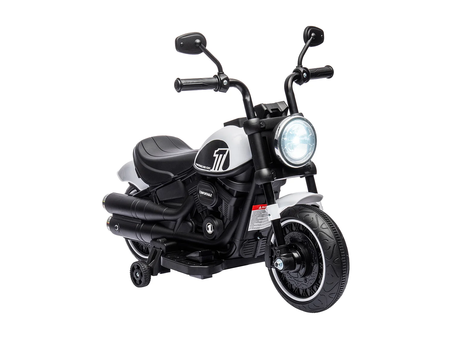 Moto électrique enfant 6 V 3 Km/h effet lumineux roulettes amovibles repose-pied pédale métal PP blanc noir