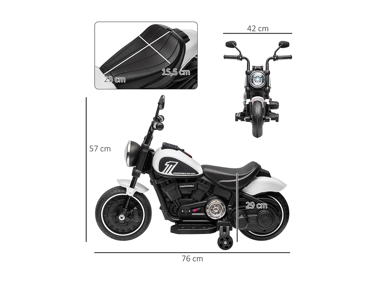 Moto électrique enfant 6 V 3 Km/h effet lumineux roulettes amovibles repose-pied pédale métal PP blanc noir