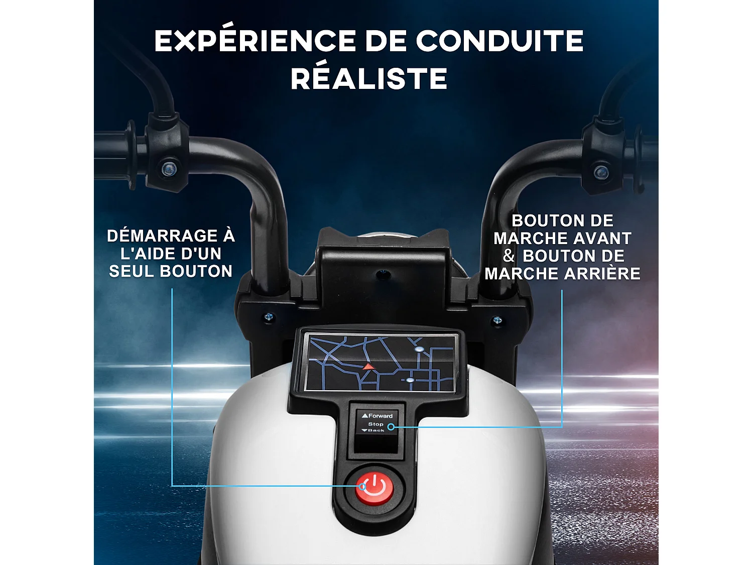 Moto électrique enfant 6 V 3 Km/h effet lumineux roulettes amovibles repose-pied pédale métal PP blanc noir