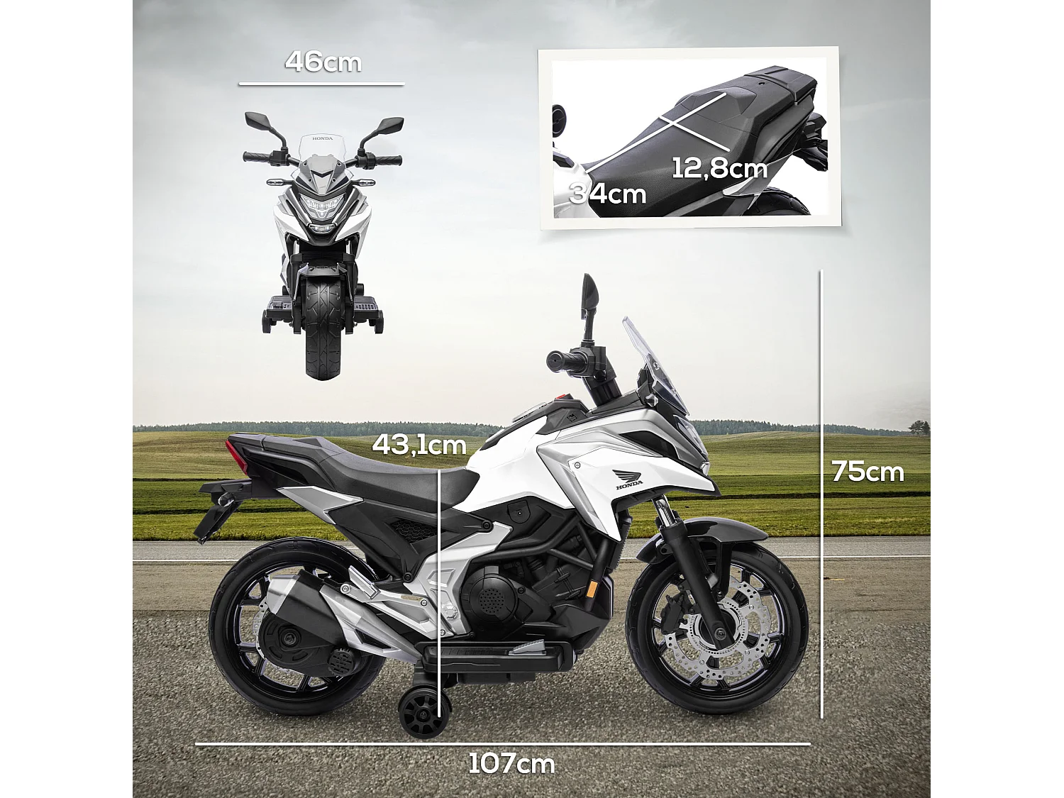 Moto électrique enfant Honda NC750x - musiques, feux AV LED, entrée USB MP3 jack - 2 roues support aux. - blanc