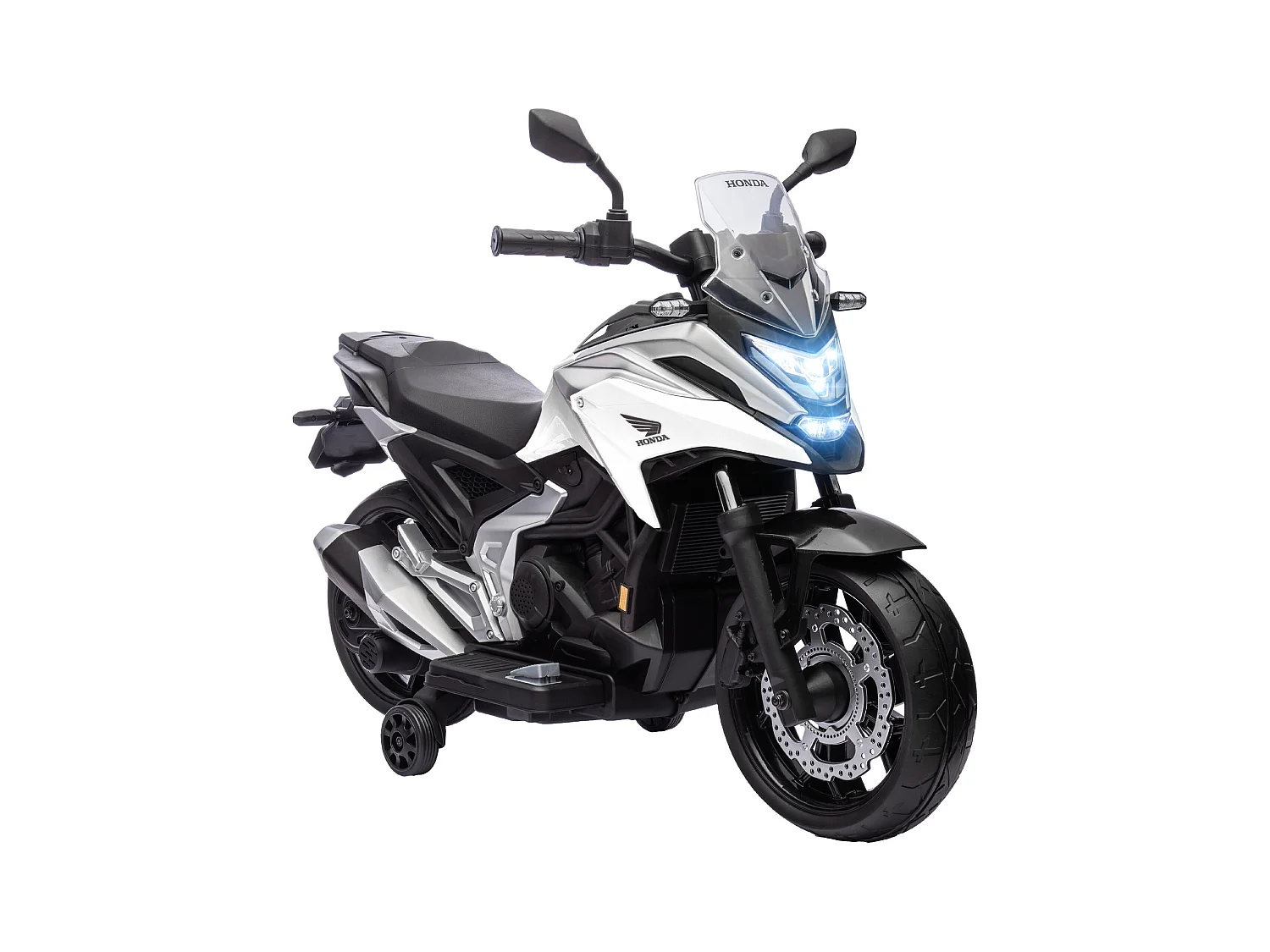 Moto électrique enfant Honda NC750x - musiques, feux AV LED, entrée USB MP3 jack - 2 roues support aux. - blanc