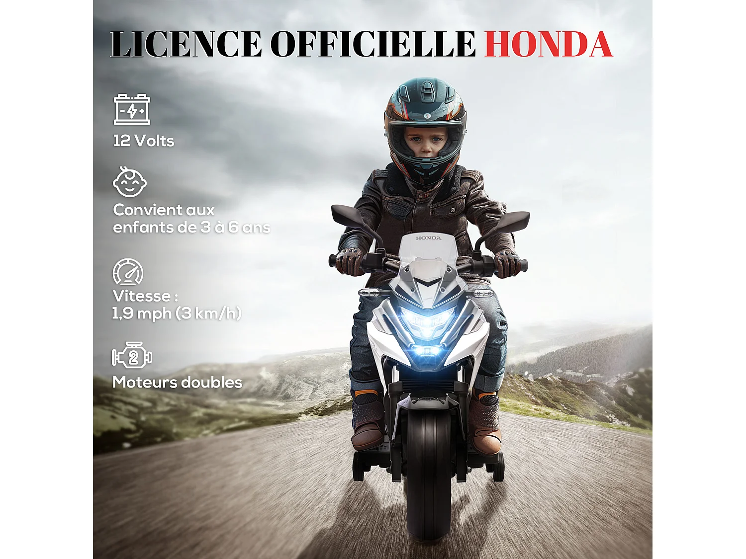 Moto électrique enfant Honda NC750x - musiques, feux AV LED, entrée USB MP3 jack - 2 roues support aux. - blanc