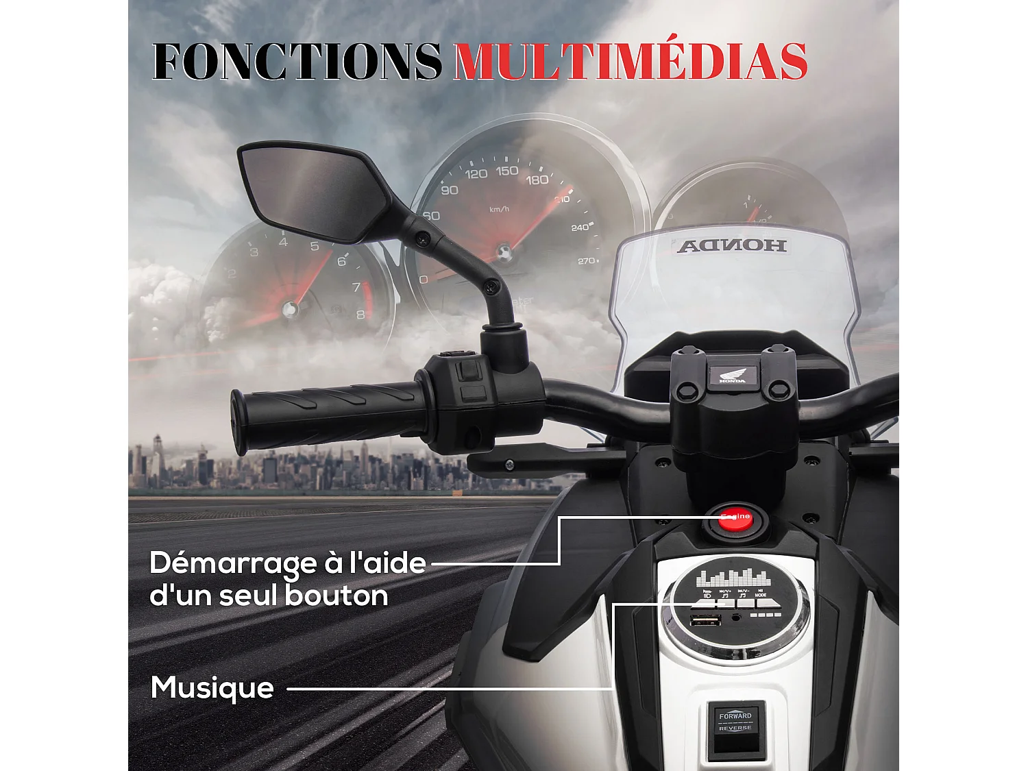 Moto électrique enfant Honda NC750x - musiques, feux AV LED, entrée USB MP3 jack - 2 roues support aux. - blanc