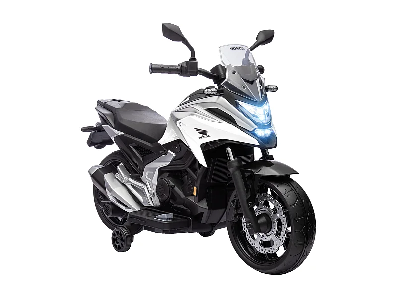 Moto électrique enfant Honda NC750x - musiques, feux AV LED, entrée USB MP3 jack - 2 roues support aux. - blanc
