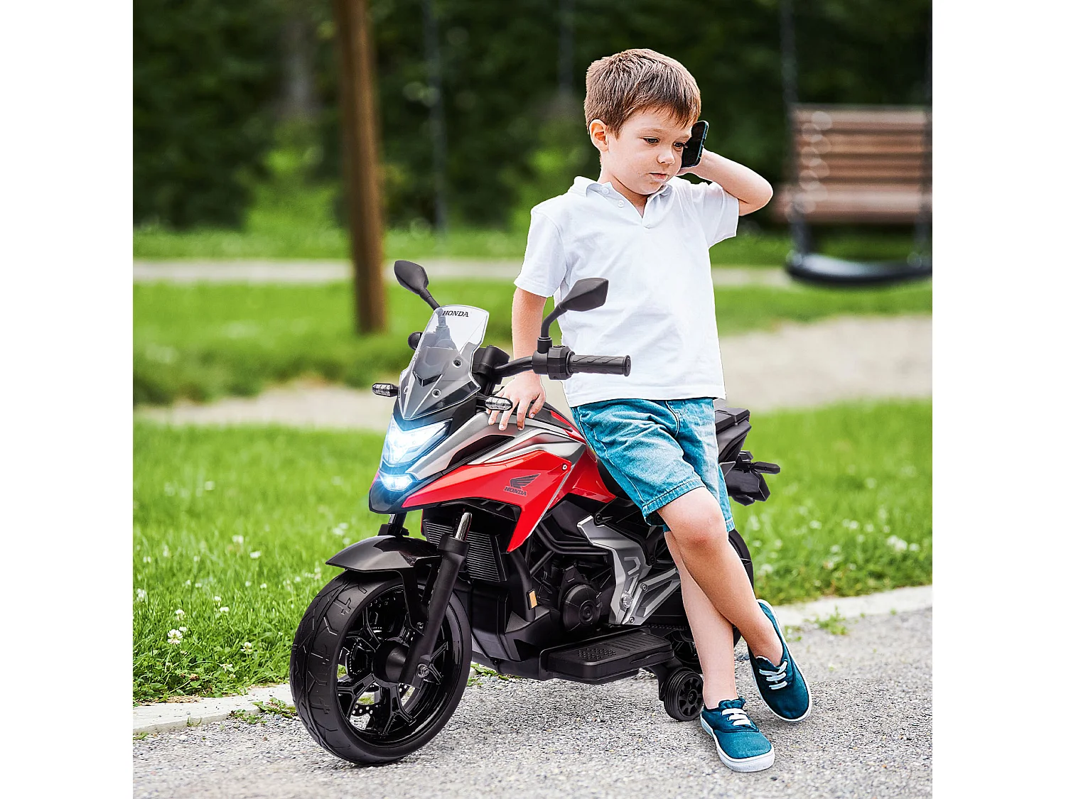 Moto électrique enfant Honda NC750x - musiques, feux AV LED, entrée USB MP3 jack - 2 roues support aux. - rouge