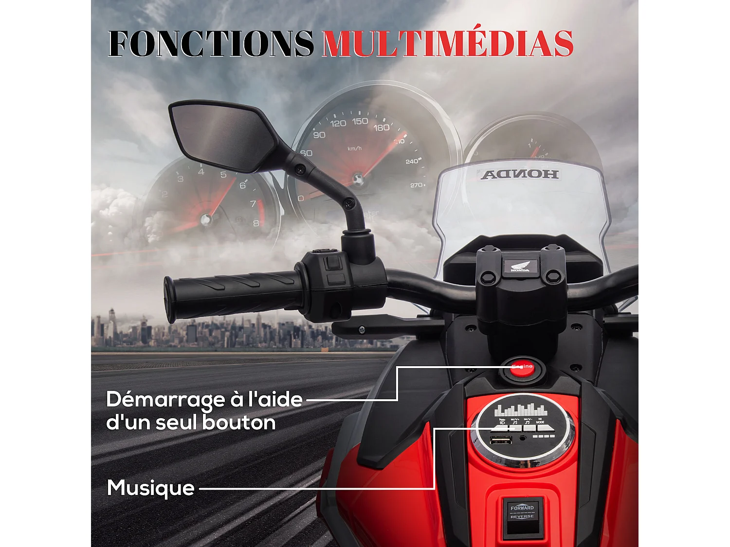 Moto électrique enfant Honda NC750x - musiques, feux AV LED, entrée USB MP3 jack - 2 roues support aux. - rouge