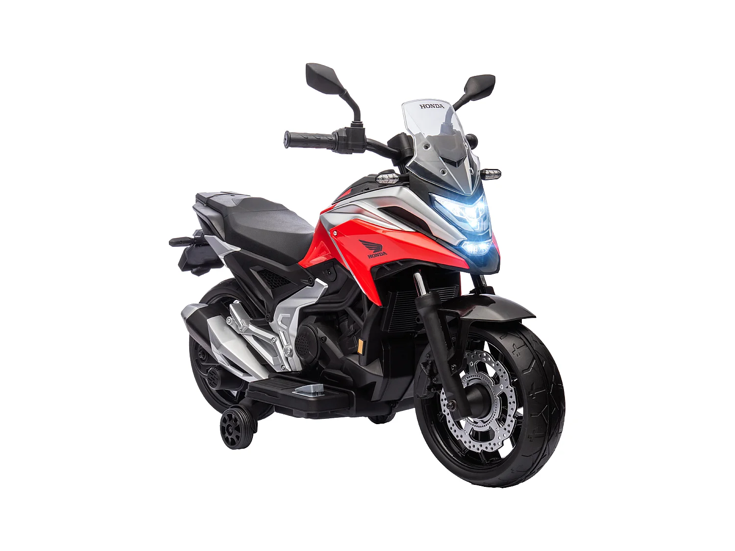 Moto électrique enfant Honda NC750x - musiques, feux AV LED, entrée USB MP3 jack - 2 roues support aux. - rouge