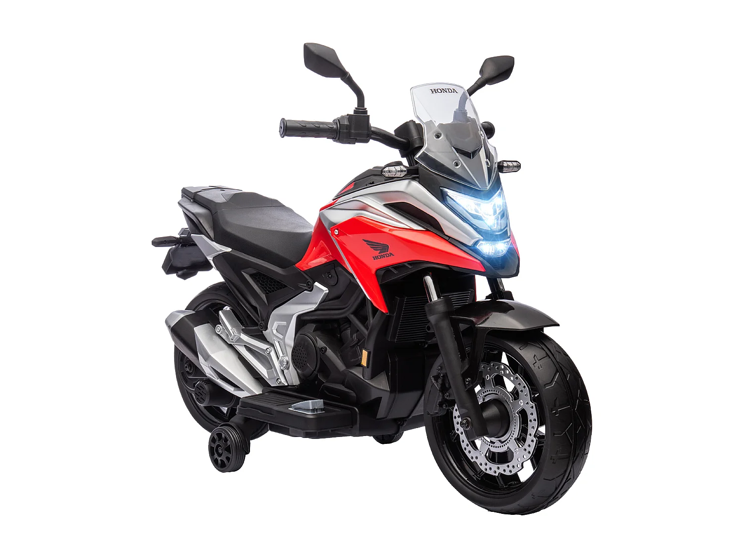 Moto électrique enfant Honda NC750x - musiques, feux AV LED, entrée USB MP3 jack - 2 roues support aux. - rouge