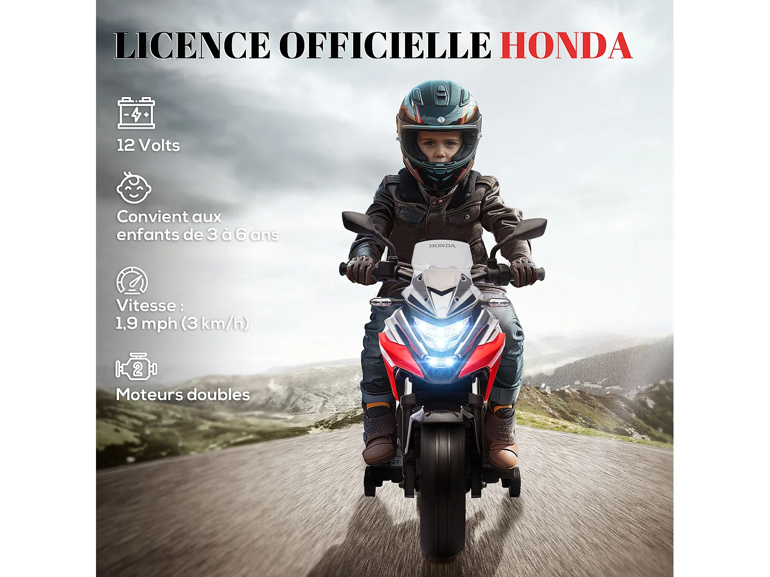 Moto électrique enfant Honda NC750x - musiques, feux AV LED, entrée USB MP3 jack - 2 roues support aux. - rouge