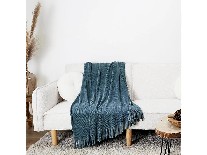 Plaid à franges style chenille CHALEUR ARTISANALE 120x150 cm bleu