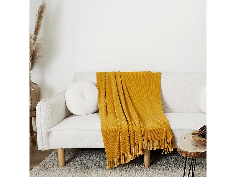 Plaid à franges style chenille MIEL D'AUTOMNE 120x150 cm moutarde