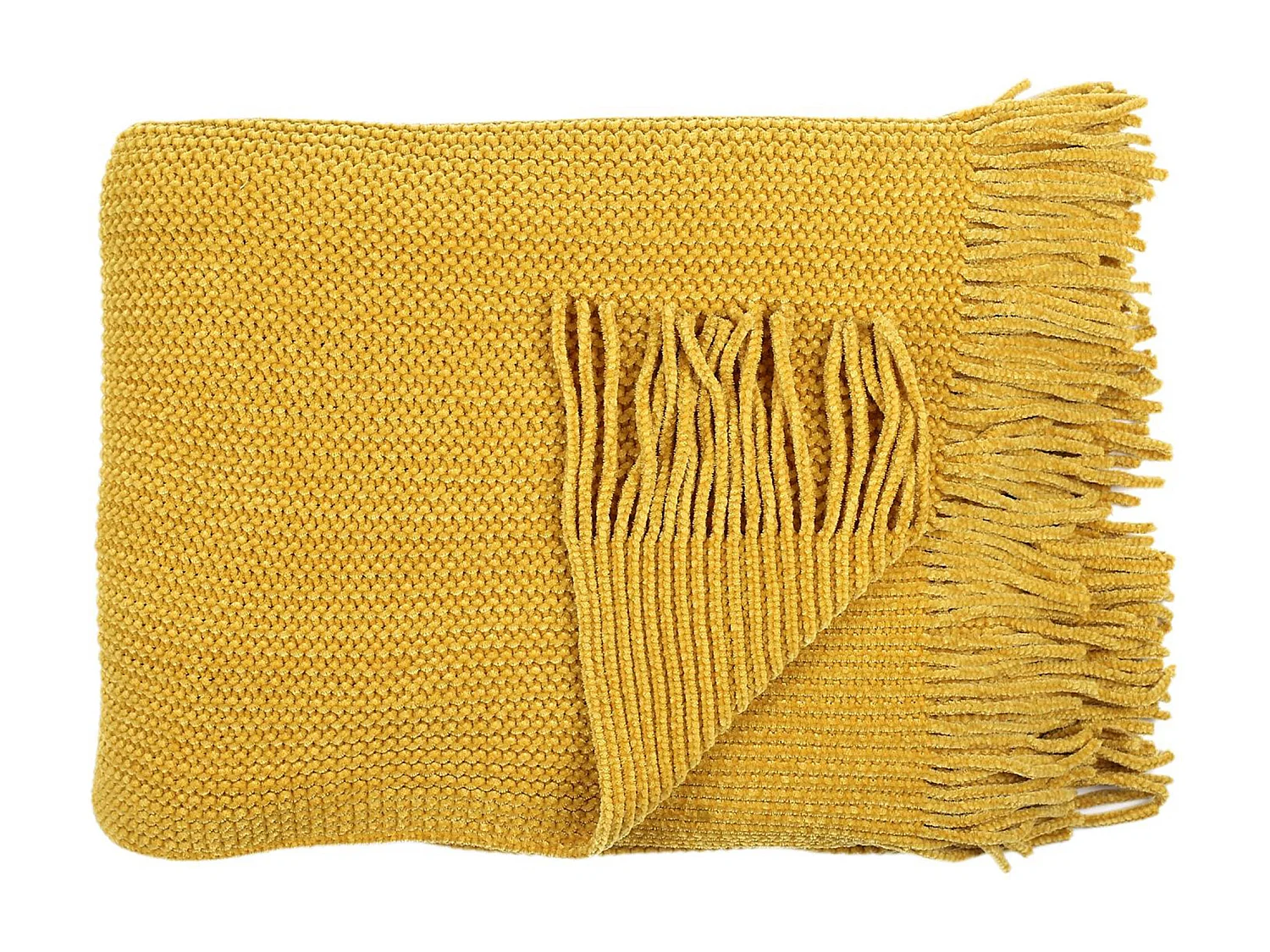 Plaid à franges style chenille MIEL D'AUTOMNE 120x150 cm moutarde