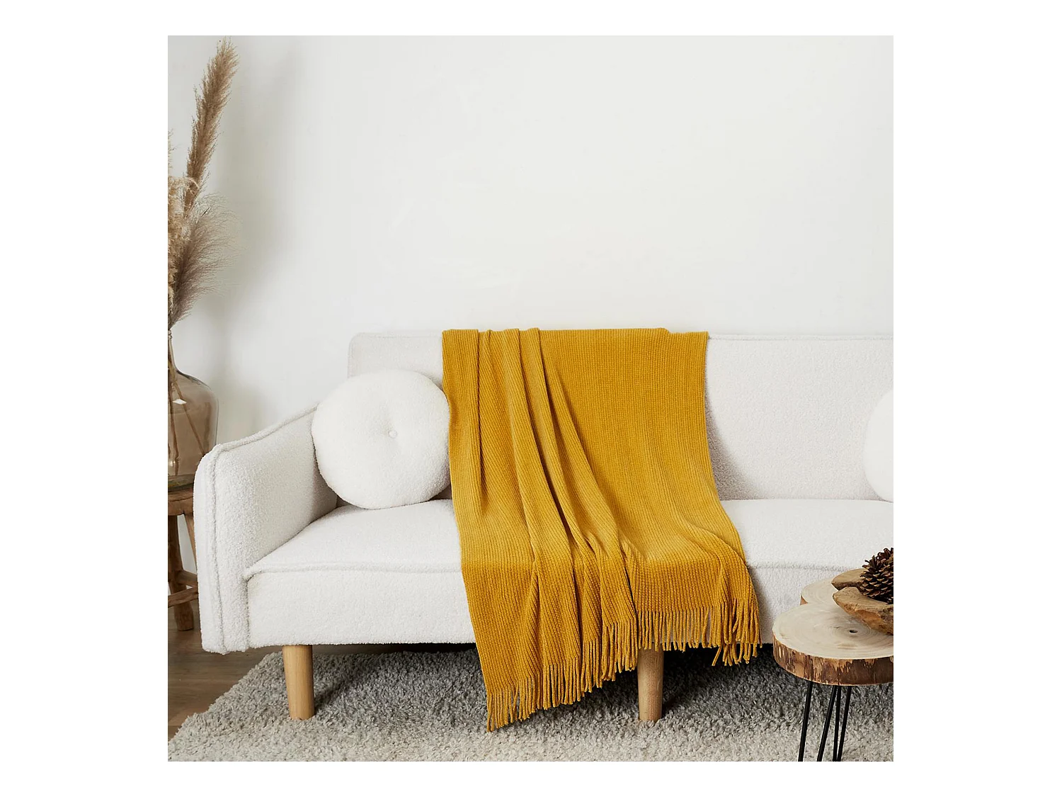 Plaid à franges style chenille MIEL D'AUTOMNE 120x150 cm moutarde