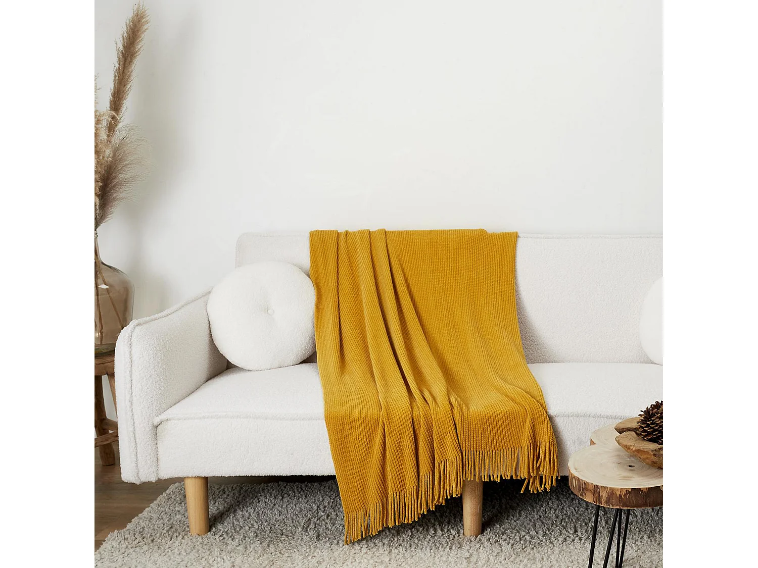 Plaid à franges style chenille MIEL D'AUTOMNE 120x150 cm moutarde