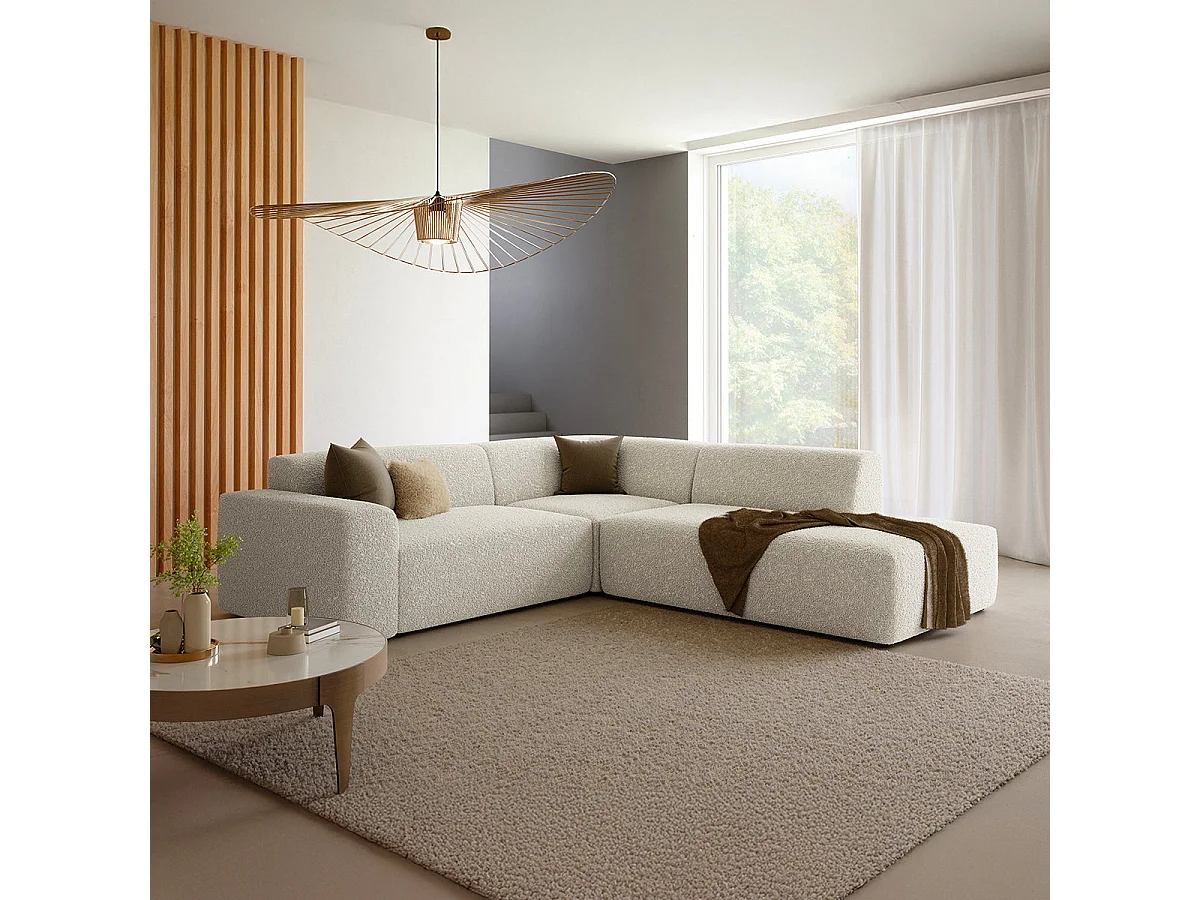Canapé d'angle droit 5 places en tissu bouclette beige avec coffre TORINO