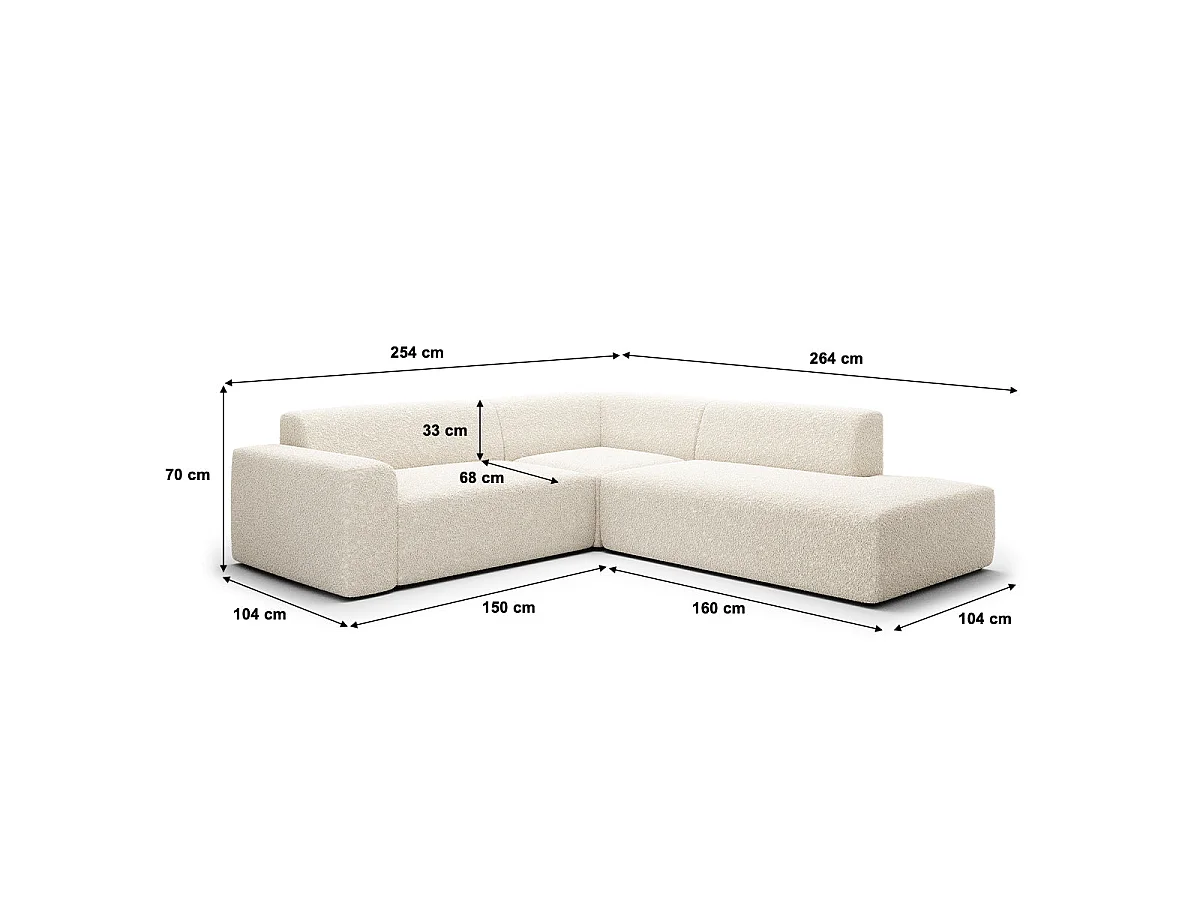 Canapé d'angle droit 5 places en tissu bouclette beige avec coffre TORINO
