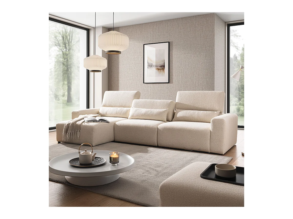 Canapé d'angle gauche 3 places modulable têtières relevables Velano Beige