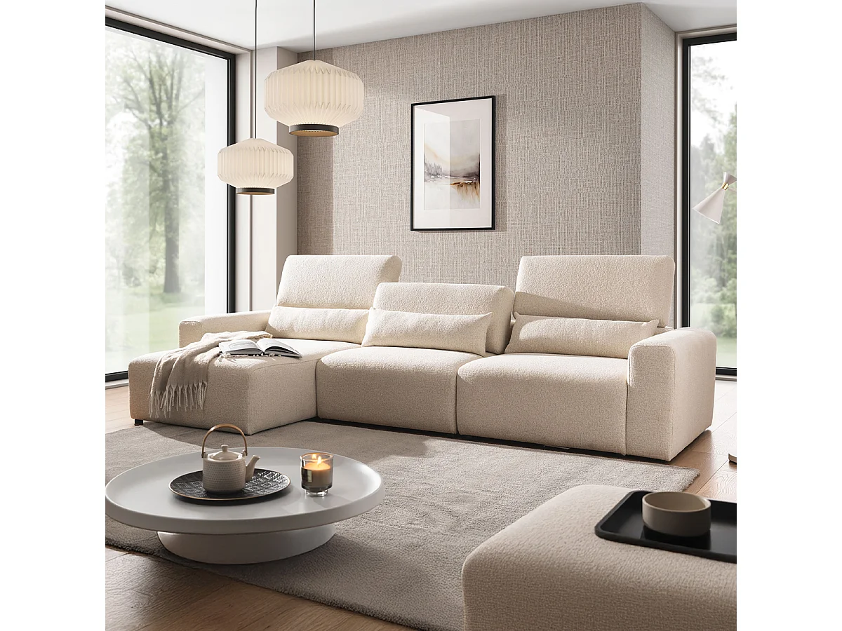 Canapé d'angle gauche 3 places modulable têtières relevables Velano Beige