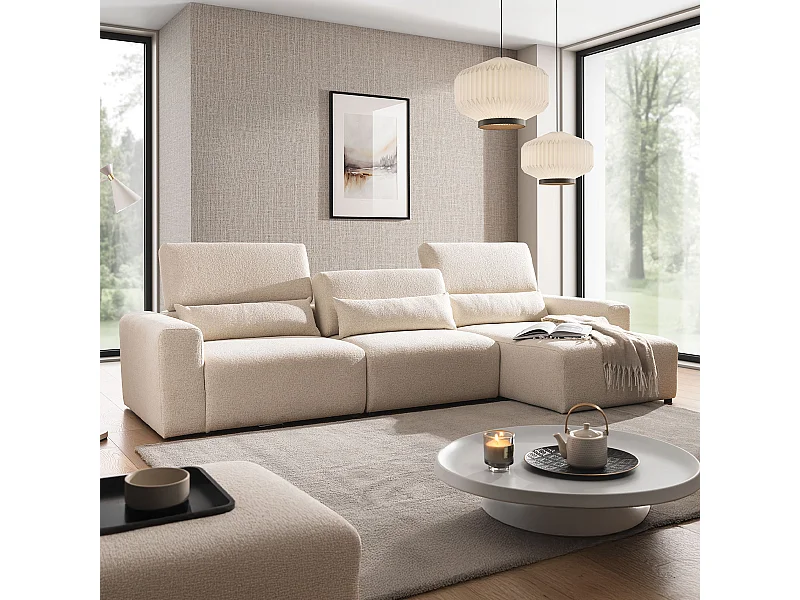 Canapé d'angle droit 3 places modulable têtières relevables Velano Beige