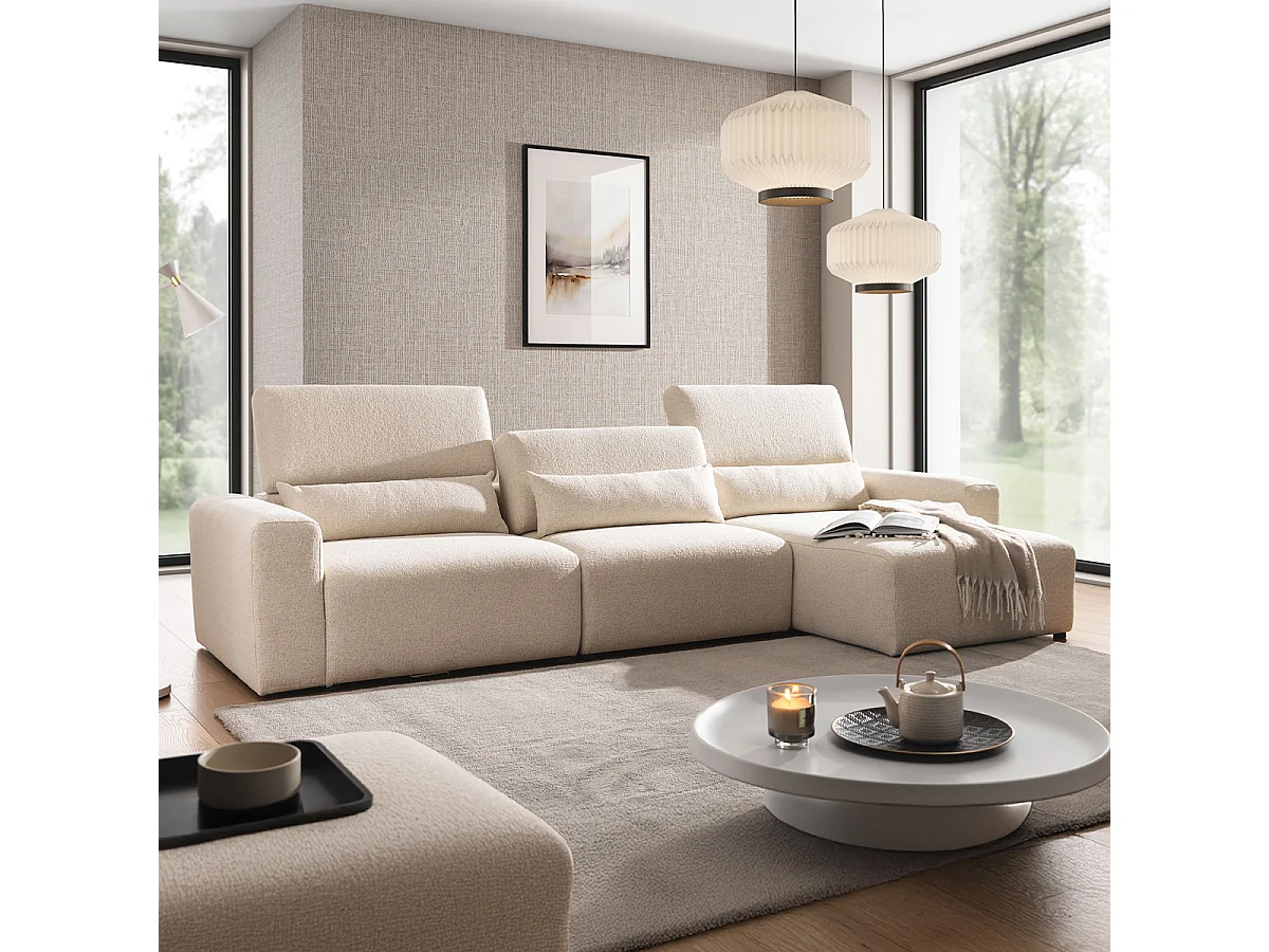 Canapé d'angle droit 3 places modulable têtières relevables Velano Beige