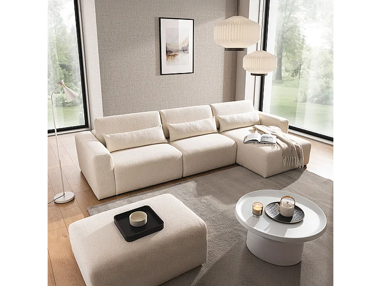 Canapé d'angle droit 3 places modulable têtières relevables Velano Beige