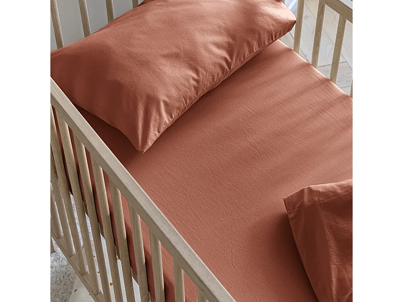 Drap housse bébé coton lavé - SOMEO Terracotta 70x140