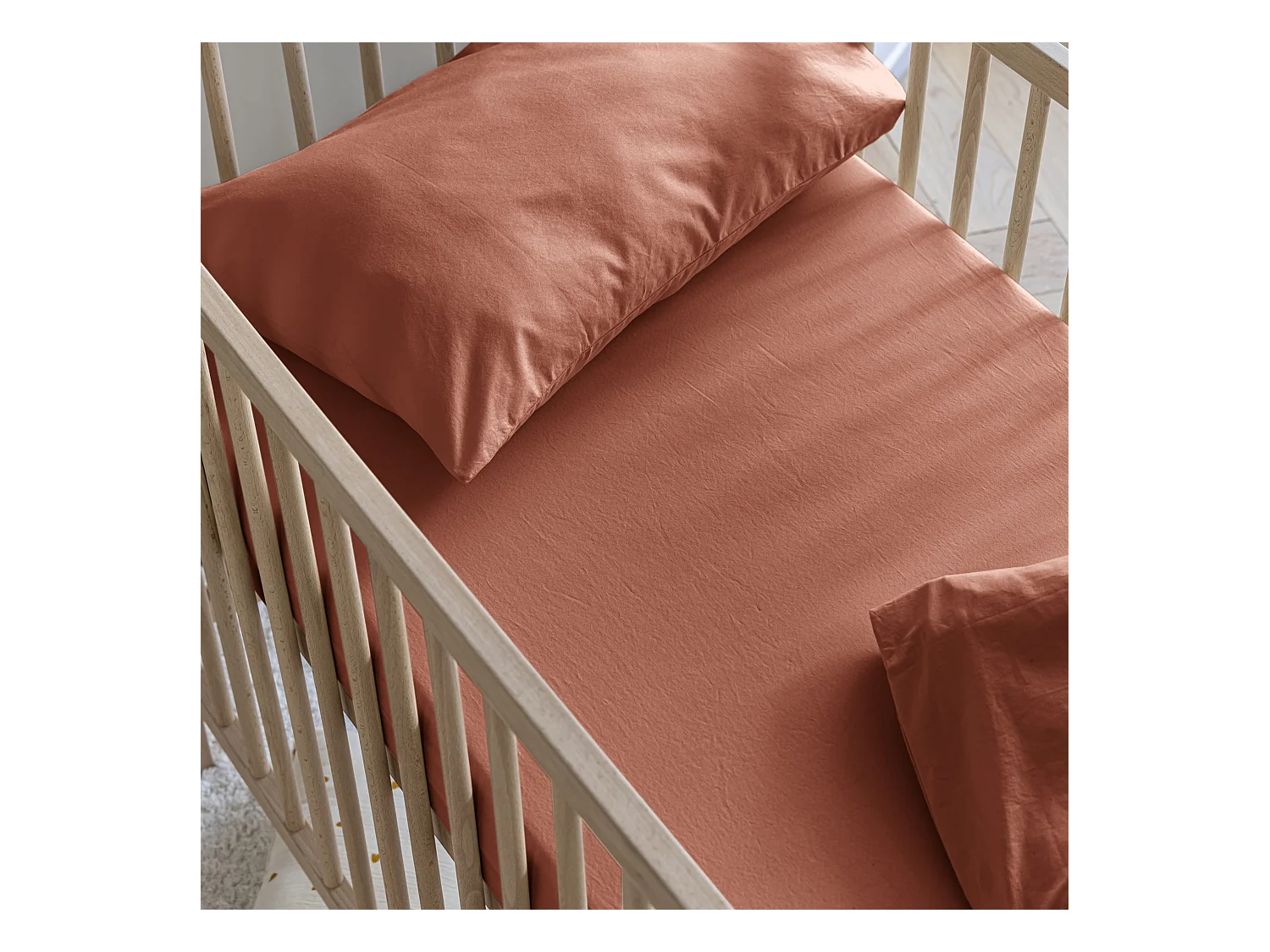 Drap housse bébé coton lavé - SOMEO Terracotta 70x140