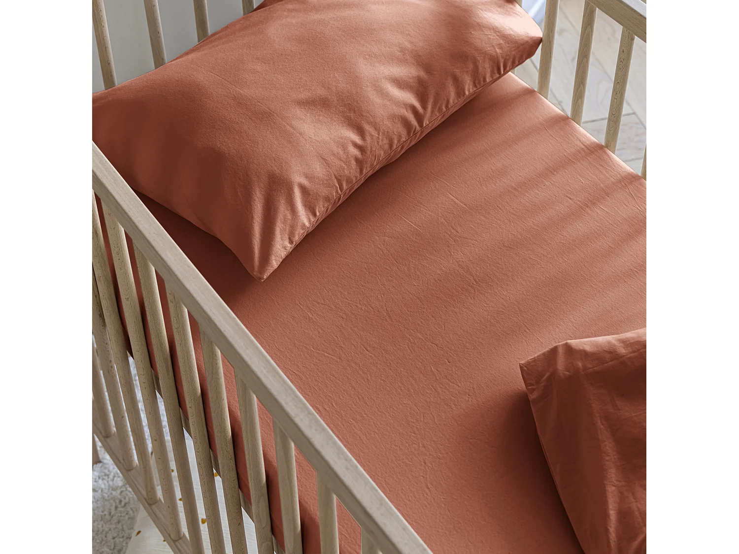 Drap housse bébé coton lavé - SOMEO Terracotta 70x140
