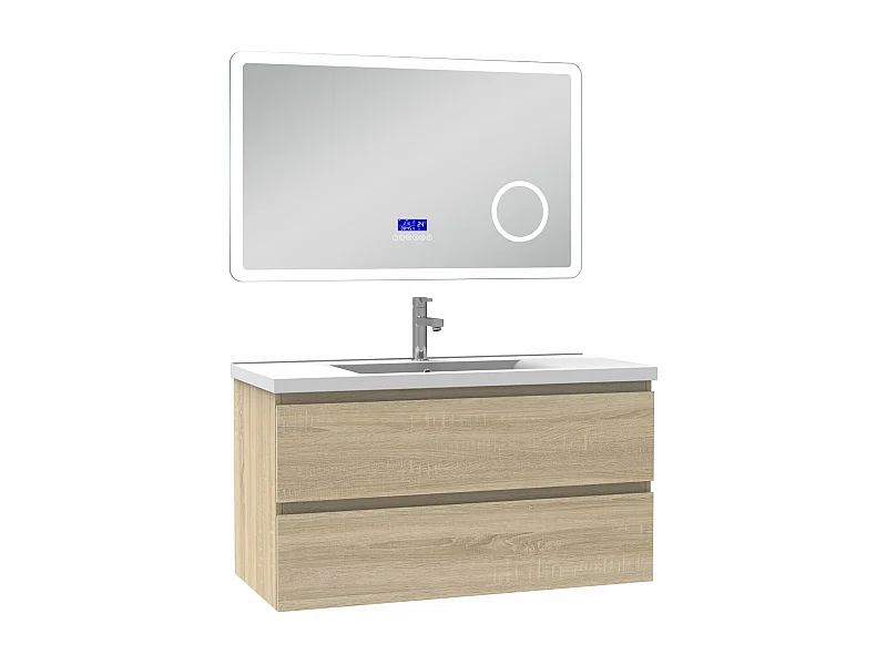 AICA Ensemble meuble Salle de Bain 100cm Chêne Wotan avec simple vasque et Led miroir dimmable avec 3 couleurs+Bluetooth+3X grossissement