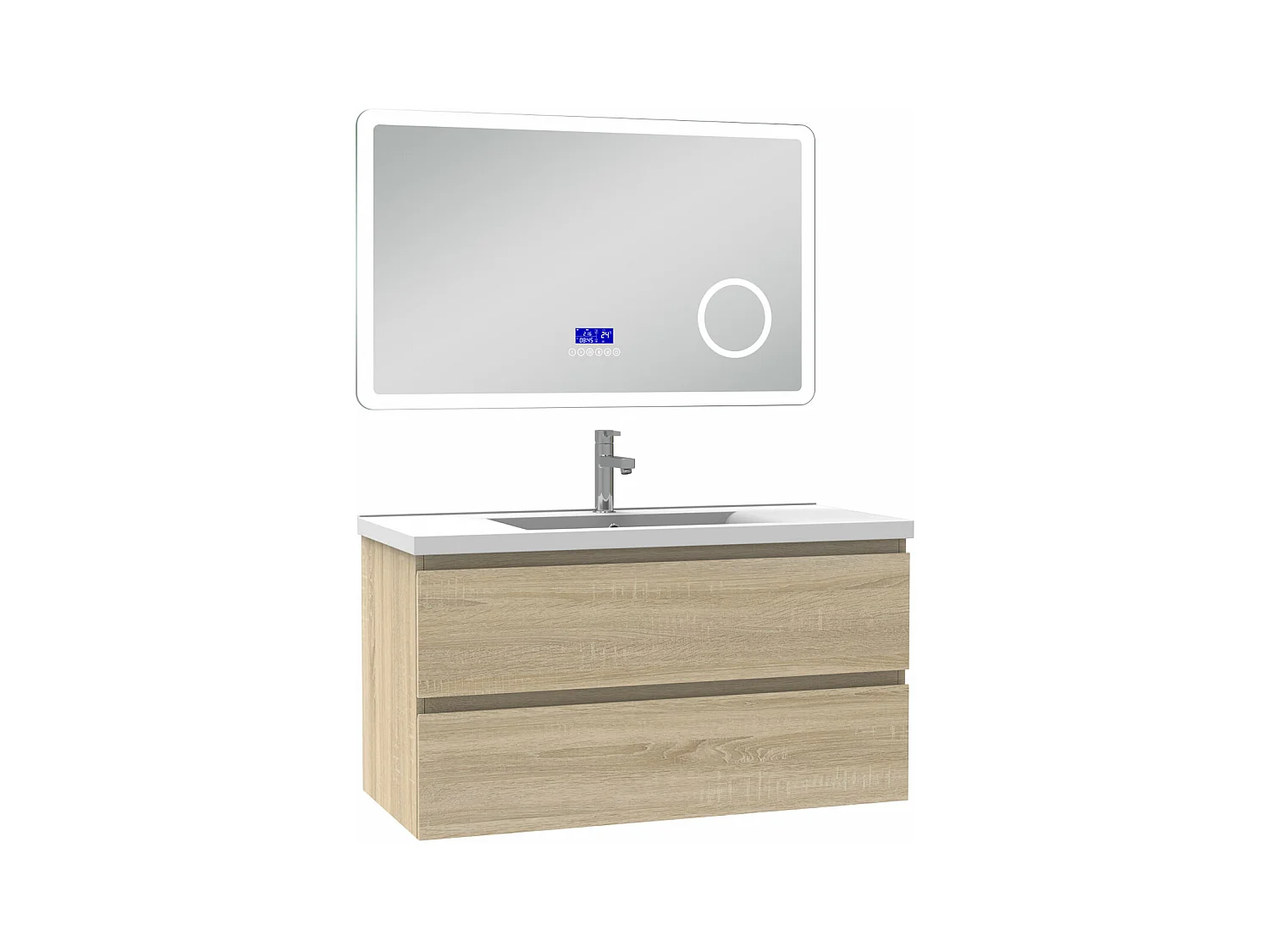 AICA Ensemble meuble Salle de Bain 100cm Chêne Wotan avec simple vasque et Led miroir dimmable avec 3 couleurs+Bluetooth+3X grossissement