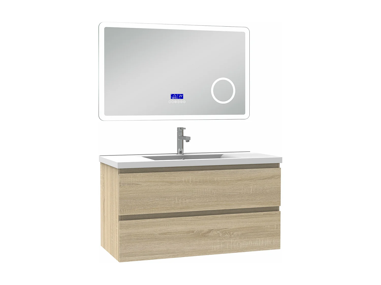 AICA Ensemble meuble Salle de Bain 100cm Chêne Wotan avec simple vasque et Led miroir dimmable avec 3 couleurs+Bluetooth+3X grossissement