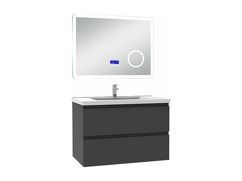 AICA Ensemble meuble Salle de Bain 80cm Anthracite avec simple vasque et Led miroir dimmable avec 3 couleurs+Bluetooth+3X grossissement
