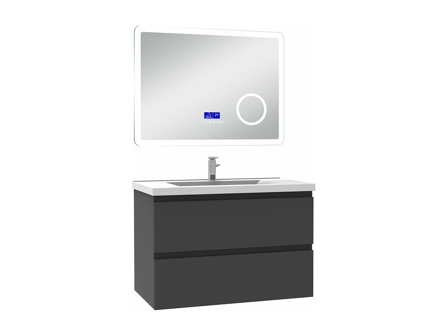 AICA Ensemble meuble Salle de Bain 80cm Anthracite avec simple vasque et Led miroir dimmable avec 3 couleurs+Bluetooth+3X grossissement