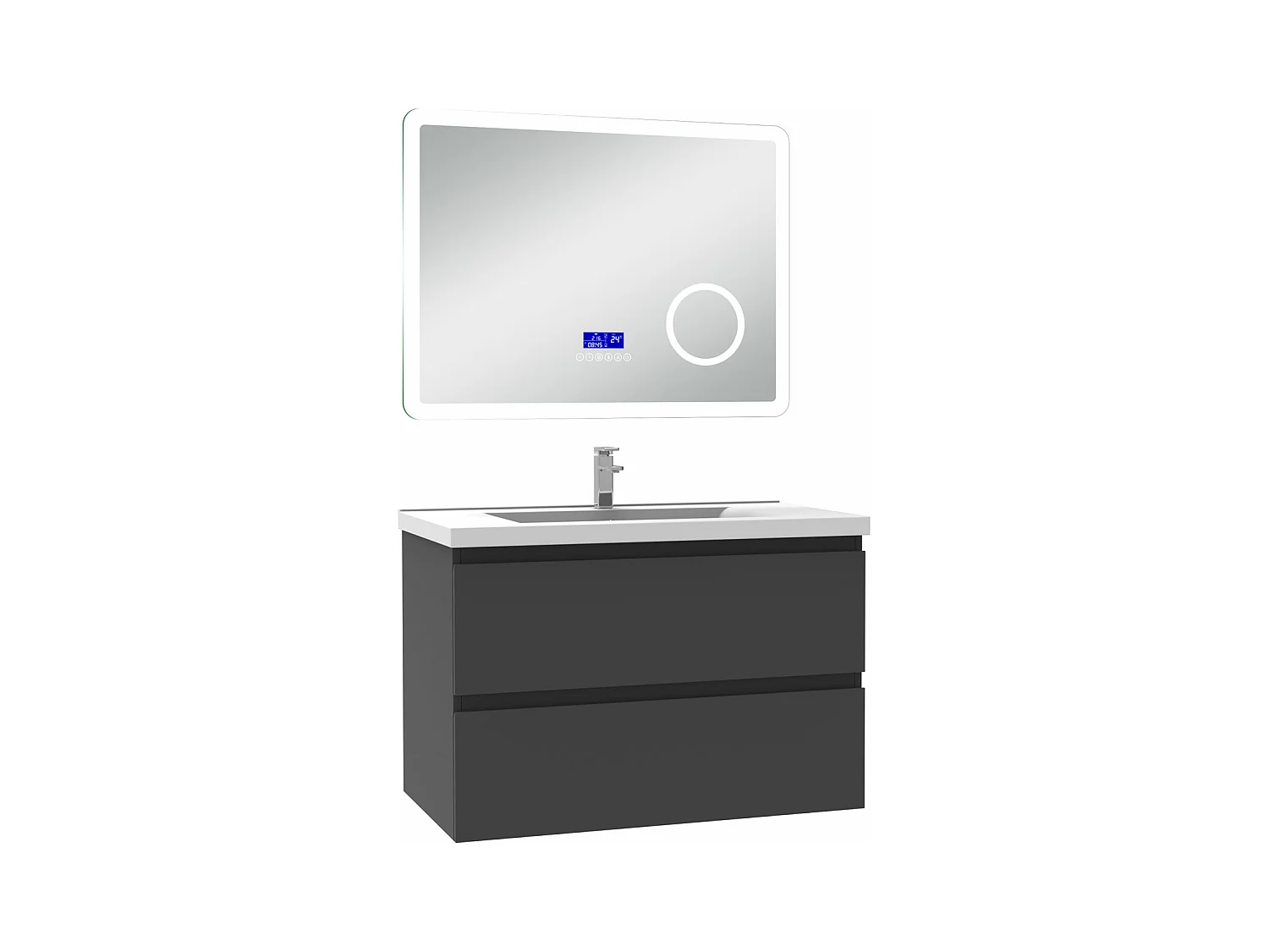 AICA Ensemble meuble Salle de Bain 80cm Anthracite avec simple vasque et Led miroir dimmable avec 3 couleurs+Bluetooth+3X grossissement