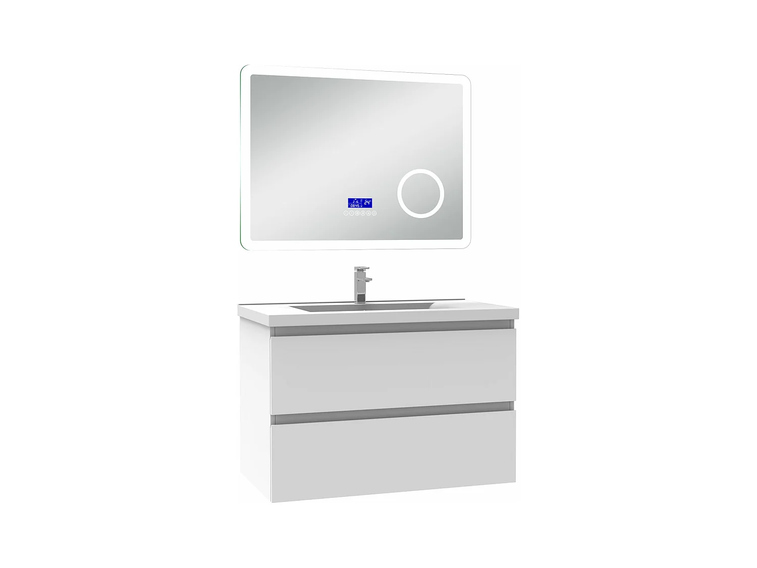AICA Ensemble meuble Salle de Bain 80cm blanc avec simple vasque et Led miroir dimmable avec 3 couleurs+Bluetooth+3X grossissement
